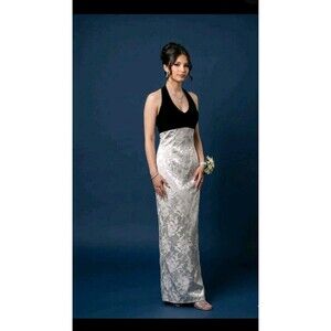 VTG 90s Gown Jessica McClintock Gunne Sax Ivory Black  Halter Velvet Prom XS XXS